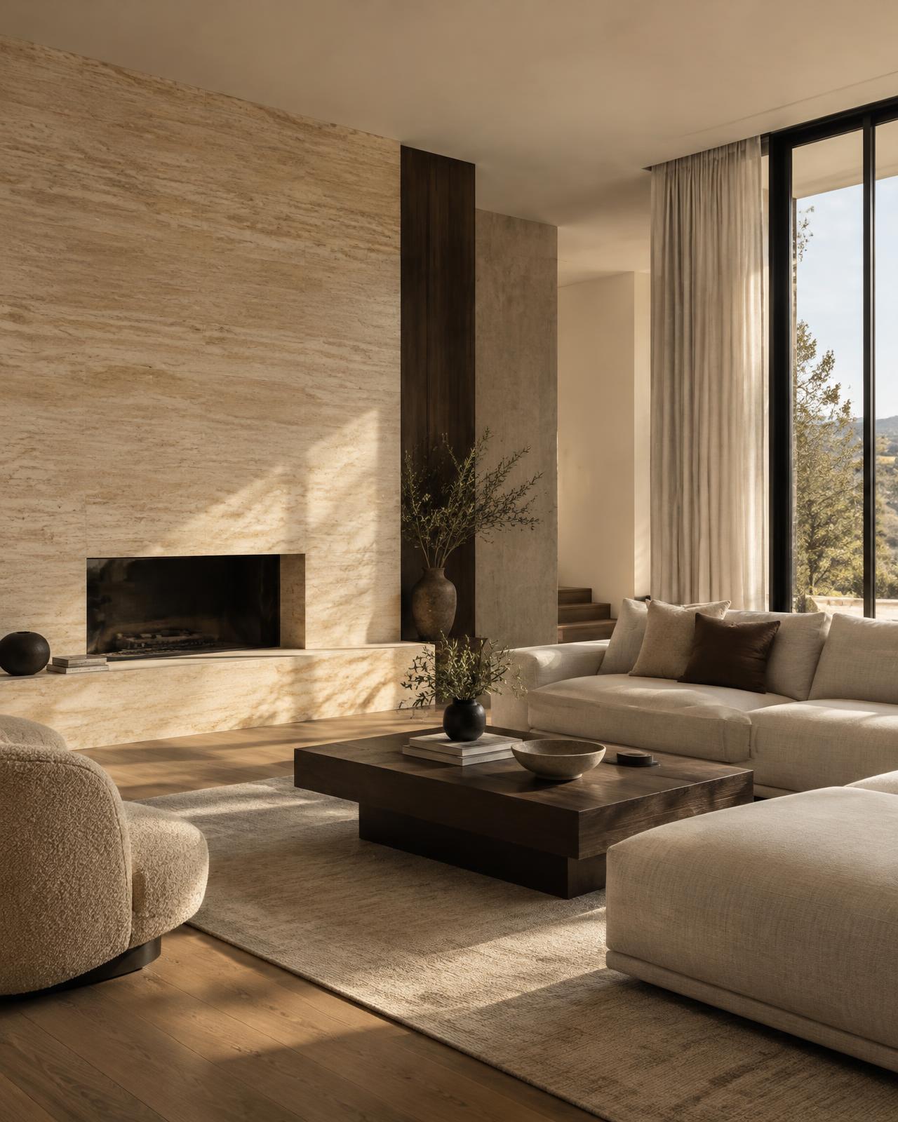 Architectural interior study with travertine, oak and linen in natural light