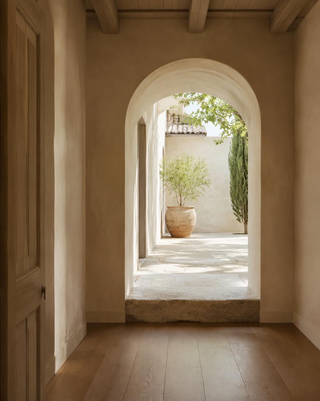 Plaster arch threshold opening from an oak corridor to a sunlit courtyard