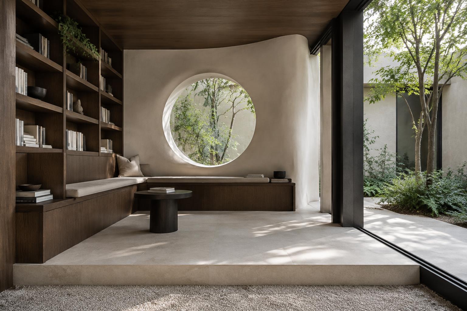 Conceptual bespoke spatial visualisation of a courtyard reading pavilion with integrated oak seating
