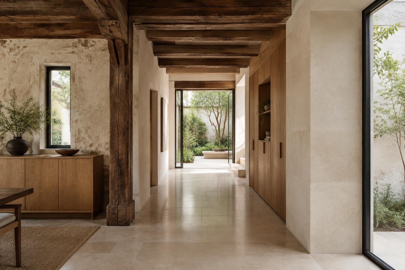 Conceptual renovation visualisation combining retained timber structure with a refined courtyard passage