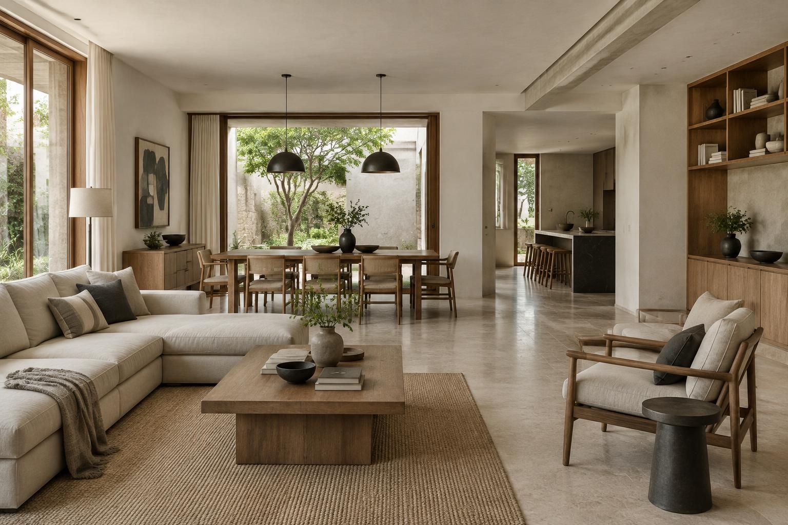 Conceptual residential visualisation with connected living and dining spaces, oak and natural stone